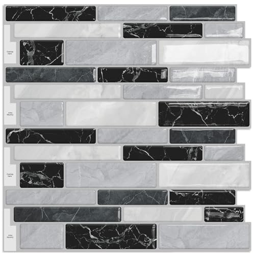 DEWOO Peel and Stick on Self Adhesive Wall Tiles 3D for Kitchen Splashbacks | Stickers,Sticky,Marble,Bathroom, 10 Sheets, (12×12)