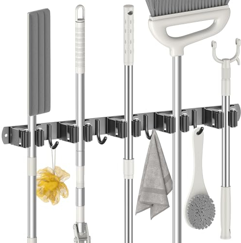 Radikor Porta Scope Parete, Portascope da Muro con 5 Supporti e 4 Ganci, Appendi Scope a Muro Autoadesivo, Appendiscope in Acciaio Inox Avvitabile, Ganci Porta Attrezzi da Giardino, Nero