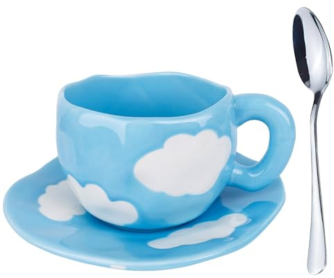 JABNOW Tasse à Café Bleu Ciel Blanc Nuages 250ml Ensemble de Tasses à Café en Porcelaine, Tasses à Café avec Soucoupe et Cuillère, Tasses à Espresso Latte Cadeaux pour Famille Proches Amie