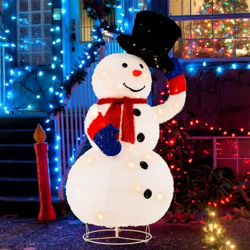 GYMAX LED Schneemann 130 cm, Weihnachtsdeko mit 120 warmweißen LED-Lichtern & Timer, Weihnachtsfigur beleuchtet, Weihnachtsbeleuchtung für innen & außen