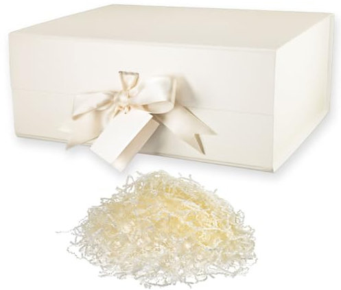 SM SANMARIE Scatola Regalo con Coperchio Magnetico, Scatole Regalo di Alta Qualità, Carta 1200 gr, Set Pacco Regalo con Raffia, Nastro e Bigliettino, Design Bicolore Champagne e Bianco