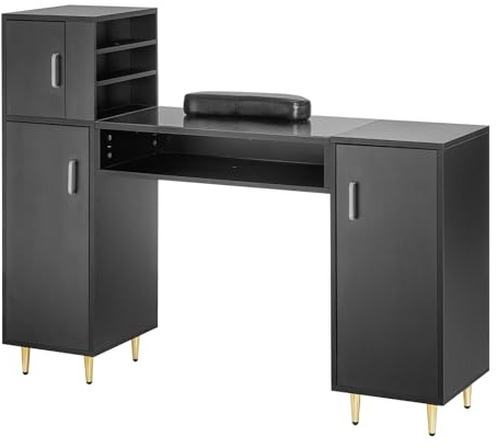 VEVOR Manicure Table, Glass Top Nail Tech Desk, Makeup Dressing Nail Station with Spacious Storage Cabinets, Acetone-Resistant Nail Tech Table with Wrist Rest, 8 Metal Legs for Spa Beauty Salon, Black