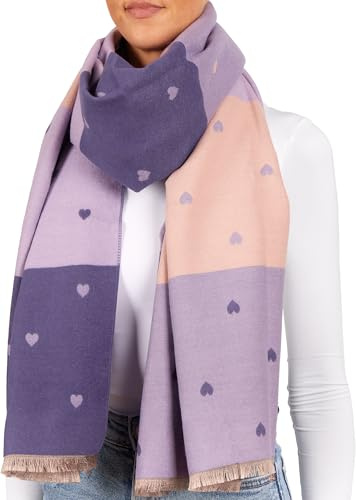 BRUBAKER Cashmirillo Damen Schal mit Herz Muster - 70 x 200 cm - Warm, Kuschelig und Oversized - Winterschal für Herbst und Winter - Weiches Kaschmir-Gefühl - Lila, Flieder und Rosa