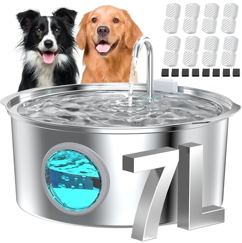 Dog Water Fountain for Large Dogs: Big Cat Water Fountain Stainless Steel -1.8Gal/7L Big Quiet Cats Water Bowl Dispenser- Pet Water Fountains for Dogs - 8 Filters + 8 Sponge Filters - GROOKPET