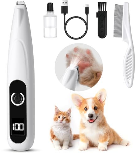 AOOWU Superleise/Wiederaufladbarer Pfotentrimmer, Hundeschermaschine Wasserdichter, Kabellos Haustier Rasierer, Hundeschermaschine, Profi Hundetrimmer mit LED-Licht für Dickes, Langes, Lockiges
