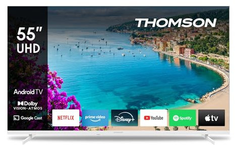 Thomson 55 Zoll (139 cm) 4K Ultra HD Weiß Smart Android TV, Google Assistant, Wi-Fi, Dolby Digital, Bluetooth, Triple-Tuner (Kabel/Satellit/Antenne), HDMI, CI+, A+ Panel – 55UA5S13W
