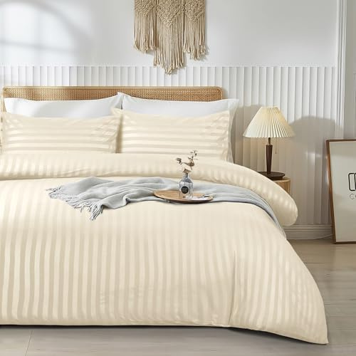 JEB TIFL Premium Hotel Quality Satin Stripe Duvet Cover Set - Quilt Cover Bedding Sets with Pillowcases - Soft Microfiber Quilt Bedding, Hypoallergenic Button Closure Bed Covers (Cream, Double)