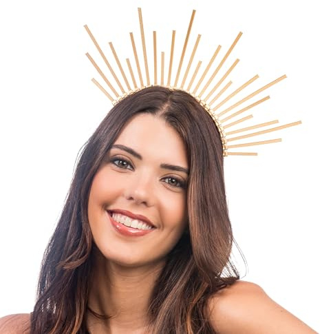 Chaks - Halo Krone Gold, Haarreif als Kopfschmuck für Kostüme | Goldener Haarschmuck mit Strahlen Design, Göttinnen Look, Accessoire für JGA, Festival und Karneval