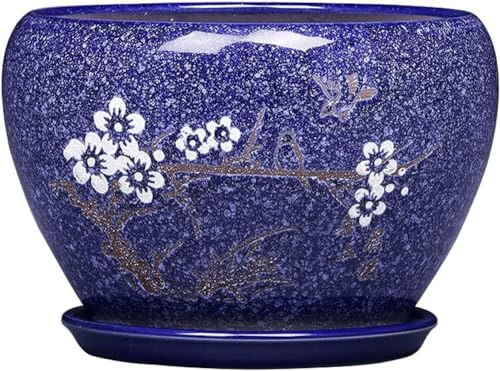 Maceta Grande de cerámica Azul con Orificio de Drenaje y platillo para Plantas de Interior, 24,5 x 17,5 cm
