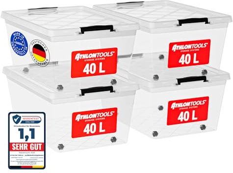 ATHLON TOOLS 4x 40 L Aufbewahrungsboxen mit Deckel, lebensmittelecht | Inkl. Verschlussclips - 100% Neumaterial Plastik-Box transparent - Kleiderboxen stapelbar