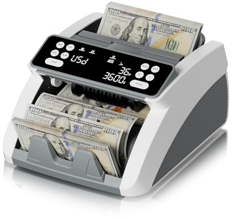 Money Counter Machine with Value Count for USD and EUR, UV MG IR Counterfeit Detection, Count Add Batch Auto Modes, Cash Counter with LED Display, Compact Powerful Design,Gray