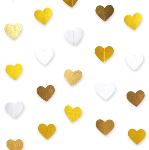 5 Stück 4 Meter Gold und Weiß Herz Papier Girlande, 65 Ft Liebesherz Papier Hängende Girlande, Metallisches Farbe Girlanden für Verlobung Hochzeit Valentinstag Jahrestag Just Married Deko