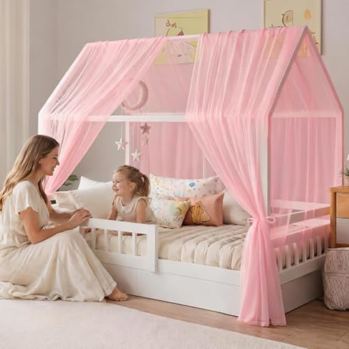 Hausbett Himmel Set, 2 Stück Betthimmel Hausbett, Leichter Atmbar Mailänder Gaze Himmelbett Vorhängemit, Mückenschutz Baldachin für Babybett & Kinderzimmer, Kinderzimmer Deko,150 x 350 cm (Rosa)