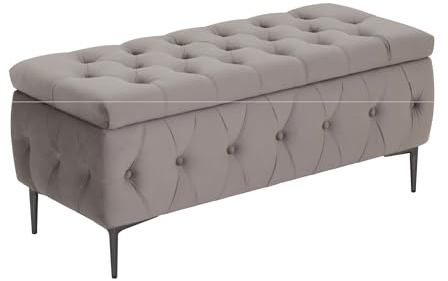 MOG CASA Puff almacenaje Amour en Terciopelo Gris 112 x 48 cm baúl con Asiento Acolchado capitoné y Patas metálicas Negras, Ideal para Dormitorio o Pasillo