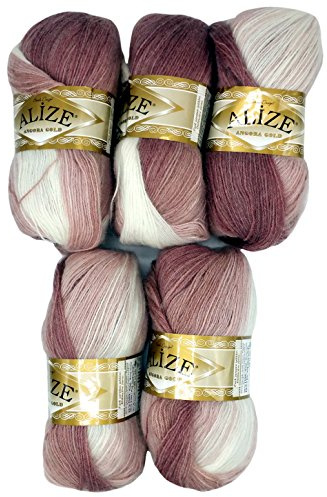 Alize 5 x 100 g Strickwolle Mehrfarbig mit Farbverlauf, 500 Gramm Strickgarn mit 20% Wolle-Anteil (Altrosa rosa weiß 5698)