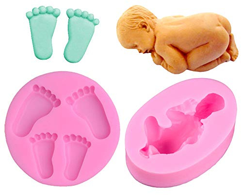 Wenxiaw Baby Fußabdruck Silikonformen Schlafende Baby Form DIY Silikonform 3D-Silikonform für Fondant, Schokolade, Cake Design, Dekoration von Kuchen, Backen Dekoration, 2 Stile (Rosa)