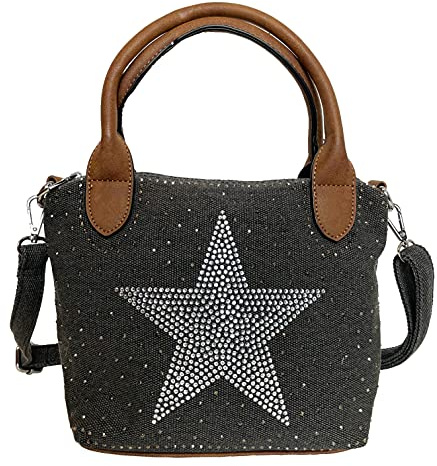 STERN Strass Glitzer Small Star Damen kleine Tasche Canvas Stoff Fashion Henkeltasche Schultertasche Stofftasche Mini Mädchen