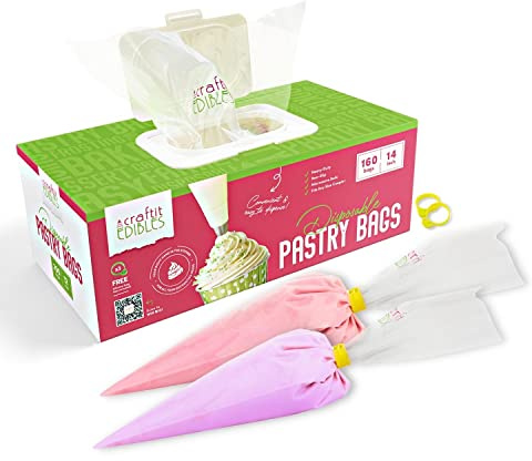Icing Piping Bags 14 Inch Disposable Pastry Bags – 160 Heavy Duty Durable Medium Piping Bags + 2 Ties –Bakers Choice Microwaveable Frosting Bags Set – Baking Supplies by Craftit Edibles