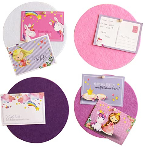 Papierdrachen 4 Pinnwand Tafeln mit 6 Postkarten - Kinderzimmerdeko aus Filz zum Aufhängen - Selbstklebende Wanddeko inkl. 12 Pins - Motivationssprüche - Eiinhorn - Set 2