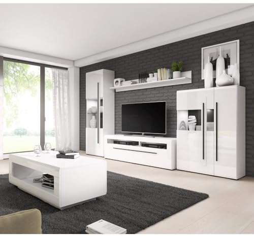 Lomadox Wohnzimmer Anbauwand weiß Hochglanz moderner Stil mit Absetzungen in schwarz inkl. LED Beleuchtung und Couchtisch, B/H/T: ca. 320/204/50 cm