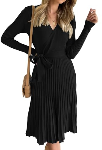 ZESICA Women's Spring Long Sleeve Wrap V Neck Ribbed Knit Pleated A Line Pullover Sweater Dress with Belt Black Small