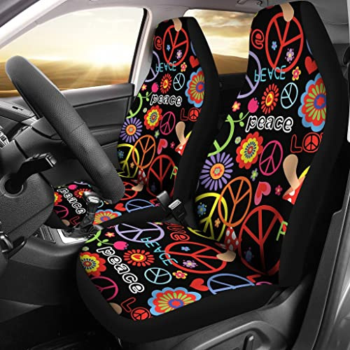 2Er Set Autositzbezüge Atmungsaktiv Auto-Schonbezüge Sanft Auto-Zubehör Schalensitzbezug Vordersitzbezug Universal Für SUV Peace Sign Buntes Design Druck, Peace Sign Hippie Für Hippie Seele