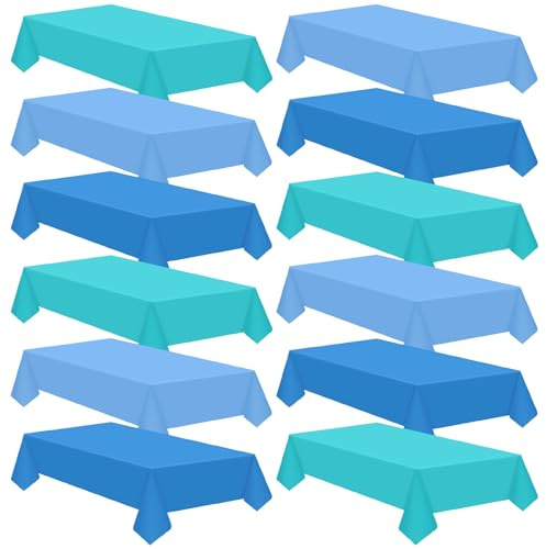 12 Pcs Ocean Tablecloth Disposable Plastic Tablecloth Waterproof Table Cover for Rectangle Sea Table Cover for Surf Ocean Pool Party Birthday Decor, 54 x 108 Inch, Lake Blue, Sky Blue, Dark Blue