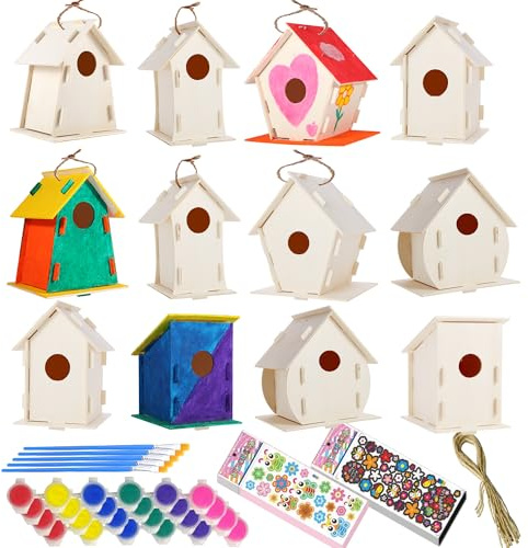 12 Pack Large DIY Bird Houses Kits for Kids, Kids Craft Kits Wood Houses for DIY Crafts Class Party, 12 Birdhouse Kits with 12 Paint Strips & Paintbrushes & Stickers for Children to Build & Paint (12)