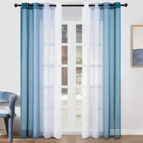 Topfinel Gardinen Türkis Farbverlauf Vorhänge Fenster Vorhang Transparent mit Ösen Ösenvorhang 2er Set 260 cm Hoch Gardine Schlaufenschal 140 cm Breit Deko für Kinderzimmer Wohnzimmer Schlafzimmer