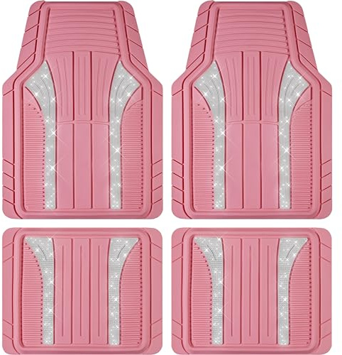 PIC AUTO Bling Gummi-Fußmatten, glitzernd, rosa, strapazierfähig, wetterfest, wasserdicht, für Mädchen und Frauen, universelle Passform für Auto, SUV, Limousine, Van