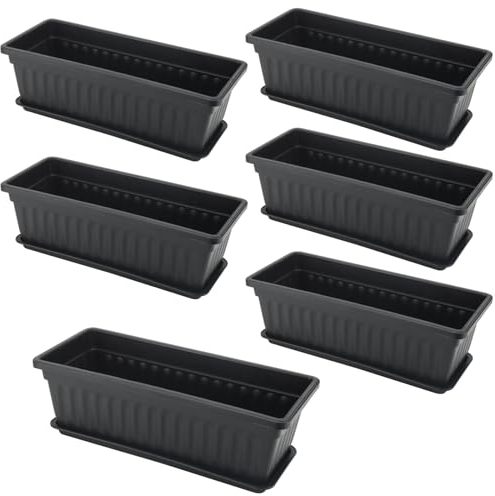 ZOENHOU 6 Pack 43cm Flower Window Box, 17 Inch Rectangular Plastic Window Box Planter with Trays and 30 Green Labels for Windowsill, Patio, Garden, Home Décor, Porchm, Black