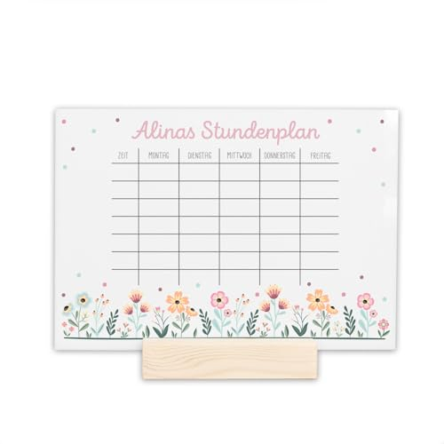 Stundenplan mit individuellem Motiv & Namen, abwischbar, Geschenk zur Einschulung - optionaler Holzaufsteller, DIN A4 mit Stift (Blumenwiese weiß)