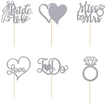 12Pcs Cupcake Toppers, Cake Toppers with Diamond Ring Bride, 3D Heart Wedding Dress Cupcake Topper for Bridal Shower Wedding Engagement Bachelorette Party Cake Decorations Supplies, Silver