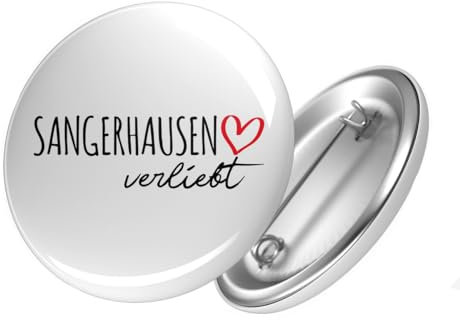 Huuraa Button Sangerhausen verliebt Ansteck Pin Größe 59mm mit Namen deiner Lieblingsstadt in Sachsen-Anhalt Geschenk Idee für Freunde und Familie