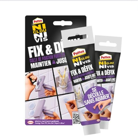 Pattex Colle Ni Clou Ni Vis Fix & Défix (2 tubes de 44 g) – Colle de fixation forte et démontable avec maintien jusqu'à 6 kg – Se décolle sans abîmer et résiste à l'eau