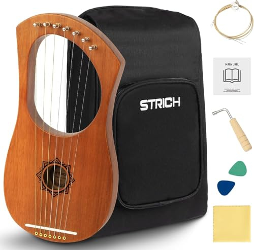 STRICH Lyre Harp, 7 Strings, Mahogany, Bone Saddle Lyre Harp Set with Spare Metal Strings, Tuning Wrench, Black Custom Gig Bag and Manual