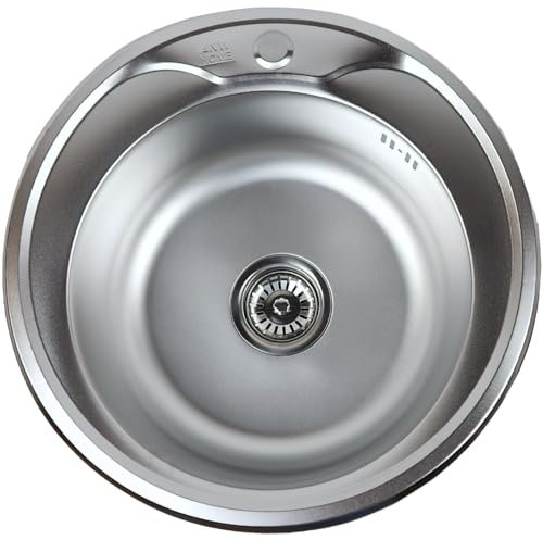 ANW HOME Round Kitchen Sink Ø51x16 cm Satin with Siphon, Faucet Hole, Built-in Stainless Steel Sink