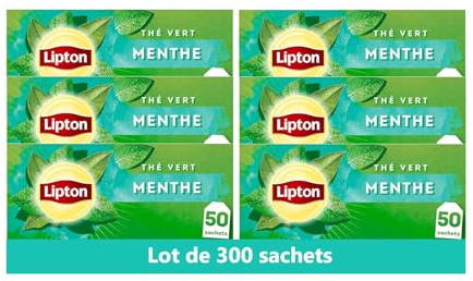 Lipton, Thé Vert, Thé Vert Origine Asie, Infusion à Froid ou Chaud, Goût Menthe, Fraîcheur, Ingrédients d'Origine 100% Naturelle, 300 Sachets