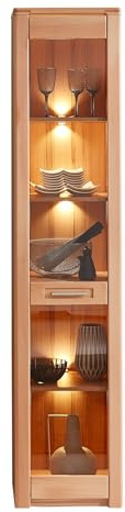 möbelando Standvitrine >Nature One< in Kernbuche Teil-massiv FSC-Zertifiziert - Moderner Vitrinenschrank mit LED-Beleuchtung und viel Stauraum - 43 x 203 x 40 cm (B/H/T)