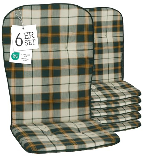 Beo Hochlehner Auflagen 6er Set Waschbar Kos | Made in EU nach Öko-Tex Standard | Atmungsaktive Gartenstuhlauflagen Hochlehner | UV-beständige Auflagen Hochlehner Kariert Beige Grün