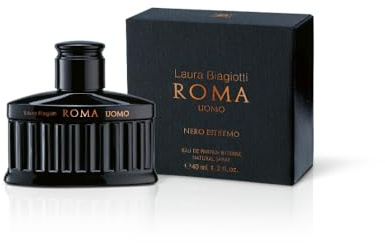 Laura Biagiotti Roma Uomo Nero Estremo 40 ml, Eau de Parfum Intense | Fragranza Fougère Ambrata Legnosa, Note Intense e Profonde, Flacone di Colore Nero Ispirato al Pantheon Romano