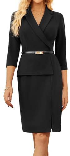 GRACE KARIN Damen V-Ausschnitt Bodycon Cocktailkleid Elegant Bürokleid mit Gürtel Schwarz L