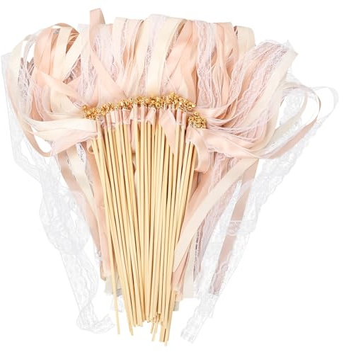 Ruban Mariage 50 Pcs, Baguettes de Mariage Fée Bâton, Magiques en Soie avec Clochettes, Serpentin Wedding, Baguettes Bâtons Ribbo pour Fête de Wedding Anniversaires (Couleur champagne)
