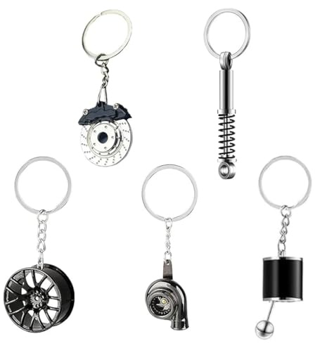ZHAOYCSH 5 Stück Autoteile Schlüsselanhänger aus Metall - Kreative Auto Motorrad Schlüsselringe Set mit Turbolader, Schalthebel & Felgen Design - Stylisches Autozubehör für Jungs, Männer & Mechaniker