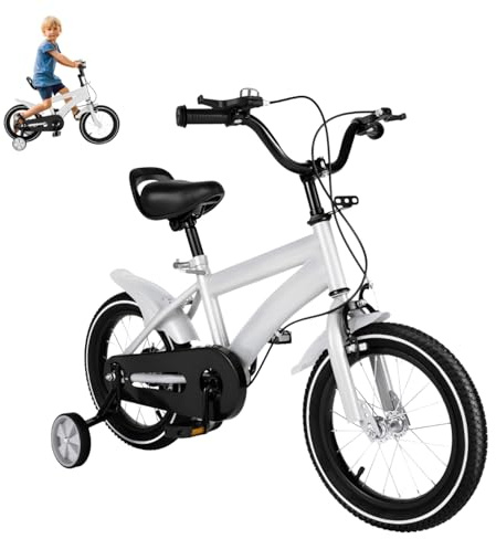 Armanyya 14 Zoll Kinderfahrrad, Kinder Fahrrad mit rutschfesten Stützrädern, Verstellbares Design, Raddurchmesser 35.56cm für Kinder ab 4 Jahren, Mädchen Jungen Fahrrad, Weiß