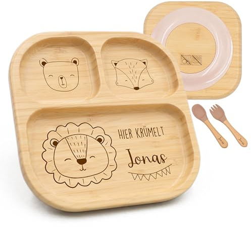 Kidsmood - Kinderteller mit Saugnapf inkl. Baby Besteck mit Namen – Teller für Kleinkinder, rutschfest – Beikost Baby Zubehör, personalisierte Geschenke zur Geburt, Taufgeschenke Jungen & Mädchen