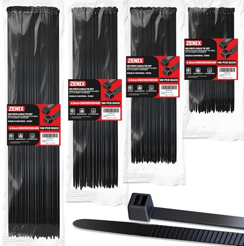 ZENIX Professional Cable Tie Set 400 Pieces 200/300/350/450mm (100 Pieces Each) | UV-Resistant up to 85°C | 28Kg Tensile Strength | for Indoor & Outdoor Use