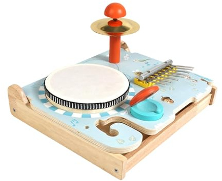 Milageto Tambour avec cymbales pour Enfants, Instrument de Percussion en Bois pour l'apprentissage de la motricité Fine, idéal pour Les Enfants de 3 à 6, Style B