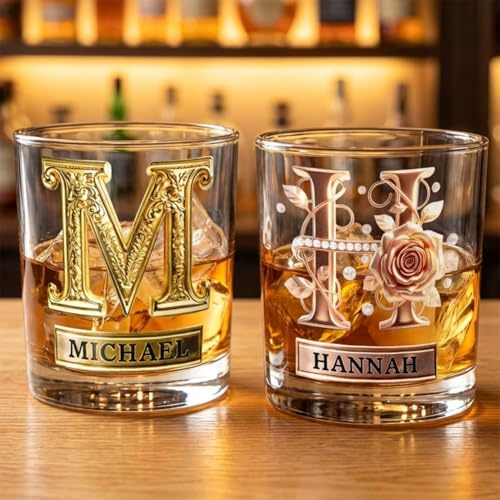 Bicchiere da whisky personalizzato con nome e iniziale inciso 300mL Bicchiere whisky inciso personalizzabile - Idea regalo whisky con incisione per uomo e donna - Regalo compleanno, anniversario