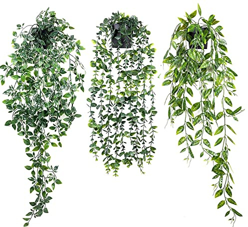 YTZWkit Hanging Artificial Plants Set of 3 Fake Vines Plants Indoors in Pot Trailing Faux Plant for Home Bathroom Garden Office Wedding Wall Decoration Outdoor Gift